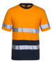 An orange and navy work T-shirt with reflective stripes and a chest pocket. It has a logo on the label.