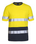 A high-visibility yellow and navy cotton T-shirt featuring reflective strips and a pocket. Includes a logo.