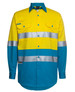 Long-sleeved work shirt in bright yellow and blue with reflective stripes and two chest pockets, featuring a logo.