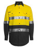 A high-visibility long-sleeve work shirt in yellow and black with reflective stripes and a logo.