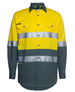 A long-sleeve work shirt in bright yellow and dark green with reflective stripes and a logo.