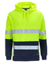 A high-visibility hoodie in bright yellow and navy, featuring reflective strips and a drawstring hood.