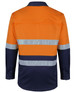 A long-sleeve work shirt in orange and navy blue, featuring reflective tape. Includes a logo on the back.