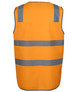 An orange safety vest featuring reflective grey stripes and a branding logo.