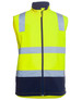 A high-visibility three-layer softshell vest in bright yellow with navy accents, featuring reflective strips and a logo.