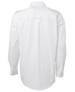 A white button-up shirt with long sleeves, featuring a back yoke and a logo.