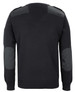 A knitted black jumper featuring shoulder and elbow patches, with a plain back design and a logo.