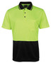 A bright yellow-green and black polo shirt with a collar and a small pocket, featuring a logo.