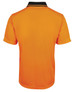 An orange polo shirt with a black collar, featuring short sleeves and a logo on the back.