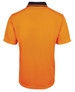 An orange polo shirt with a navy collar, featuring a brand logo. It has a non-cuff design suitable for workwear.