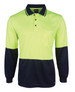 A long-sleeve polo shirt in high visibility yellow and navy, featuring a chest pocket and branding.