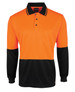 An orange and black long-sleeve polo shirt with a collar and front pocket, featuring a logo on the breast.