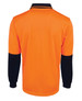 An orange long-sleeve polo shirt featuring black accents and a logo on the collar.