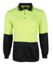 A long-sleeved polo shirt in fluorescent yellow and black, featuring a chest pocket and a collar. It has a logo.