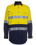 A long-sleeve work shirt featuring yellow and navy blue colours with reflective stripes and a logo.