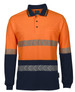 High-visibility long-sleeve polo shirt in orange and navy, featuring reflective segmented tape and a chest pocket.