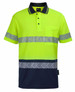 A lime green and navy segmented tape polo shirt with reflective stripes and a chest pocket. It features a collar and buttons.