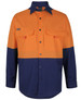 A long-sleeve fishing shirt in orange and navy, featuring two chest pockets and a logo.