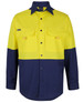 A long-sleeved, ripstop fishing shirt in high-visibility yellow and navy blue, featuring two front pockets and a logo.