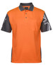 An orange and grey polo shirt with a pocket and a logo on the sleeve. Suitable for workwear.