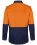 A long-sleeve work shirt in orange and navy blue, featuring a two-tone design and a logo.