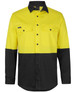 A long-sleeve work shirt in bright yellow and black with two chest pockets and a logo on the front.