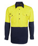 A long-sleeved work shirt in high visibility yellow with navy blue sections and two front pockets.