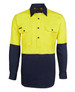 A long-sleeved work shirt featuring a high-visibility yellow upper and navy blue lower, with two front pockets and a logo.