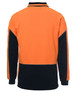 An orange and navy long-sleeve polo shirt with a branding logo on the back. Suitable for workwear.
