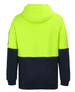 A fleecy hoodie in bright yellow and navy, featuring a hood and a branded logo. Suitable for workwear.