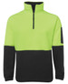 A polar fleece pullover featuring a high-visibility lime green upper and black lower section, with a zip collar and logo.