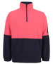 A half-zip polar fleece in coral and navy, featuring a chest pocket and a branded logo on the sleeve.