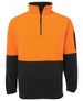An orange and black polar fleece with a half-zip collar, featuring a side pocket and a logo.