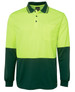 A long-sleeve polo shirt in high vis yellow and dark green, featuring a pocket and a branding logo.