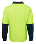 A long-sleeved polo shirt in high visibility yellow with navy blue sleeves and a collar. Features a brand logo.