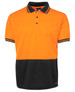 An orange and black polo shirt with a pocket and striped collar, featuring a logo on the chest.