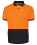 An orange and navy polo shirt featuring a pocket and a logo.