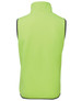 A high-visibility lime green work vest with black trim, featuring a stand-up collar and no sleeves.