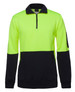 A fluorescent yellow and black fleece jumper featuring a half zip design and a pocket on the sleeve.