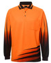 An orange long-sleeve polo shirt featuring black gradient stripes and a pocket, with a logo on the chest.