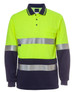 A long-sleeved high-visibility polo shirt in bright yellow and navy, featuring reflective stripes and a logo.