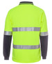 A high-visibility long-sleeve polo shirt in fluorescent yellow with reflective stripes and navy blue sleeves.