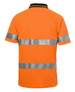 An orange polo shirt featuring reflective stripes and a collar, suitable for workwear. It has a logo on the front.