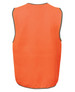 An orange safety vest with contrasting trim, featuring a logo. Ideal for visibility and safety.