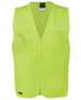 A bright yellow safety vest with a front zip and pockets, featuring a logo on the lower hem.