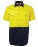 A short-sleeved work shirt in bright yellow and navy blue with two front pockets and a logo.