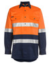 An orange and navy work shirt with long sleeves, featuring reflective stripes and front pockets, with a logo.