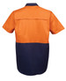 An orange and navy short-sleeved work shirt with a logo on the back.