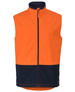 A three-layer softshell vest in lime and navy, featuring a zip front and a logo. Ideal for workwear.