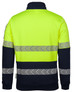 A fleecy work jumper featuring a high-visibility yellow front and navy sleeves with reflective stripes. It has a branding logo.